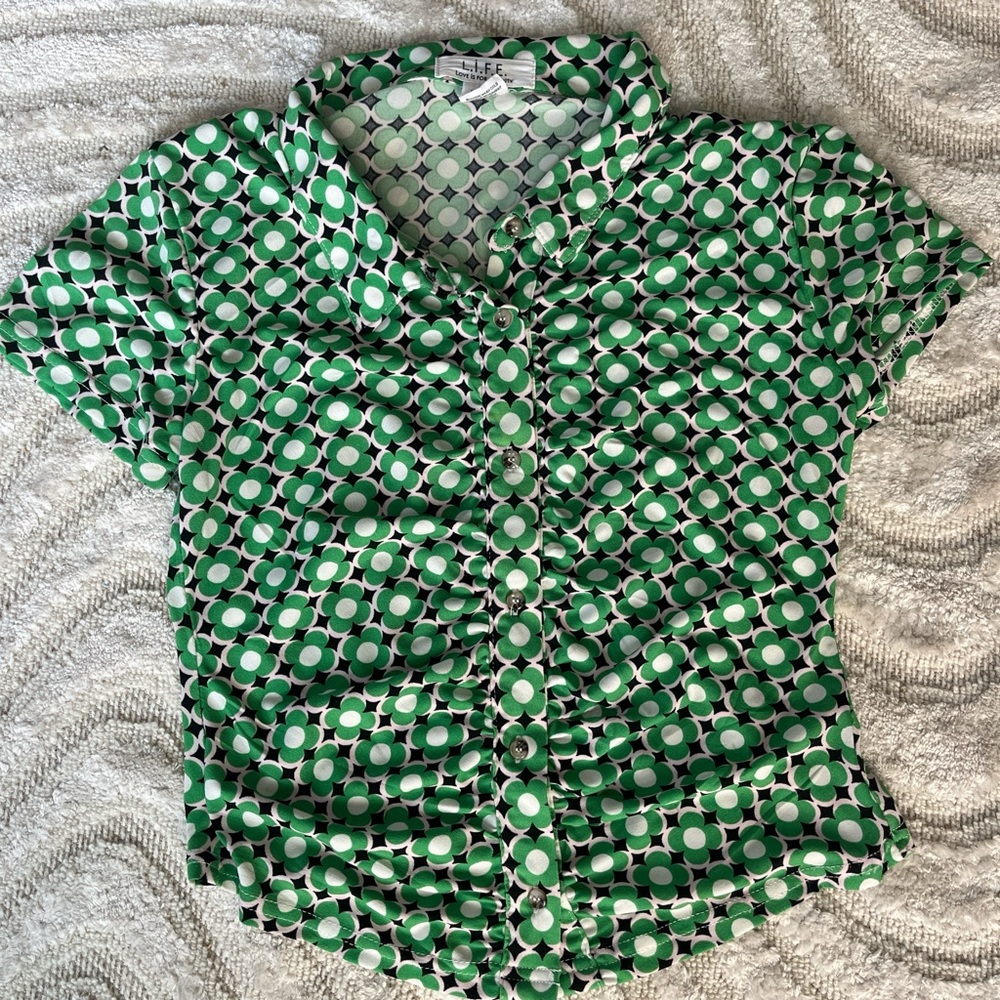 Green and White Patterned Button Down Shirt